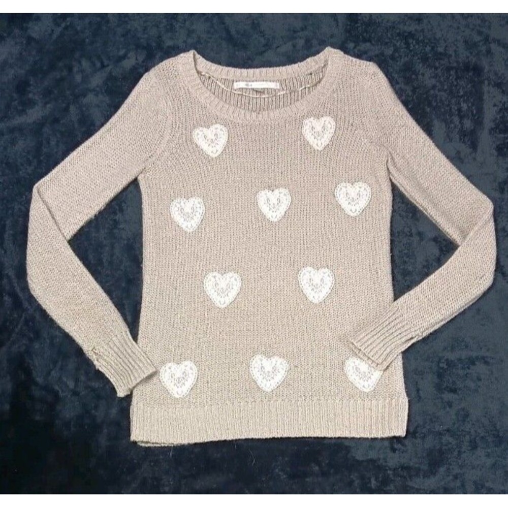 LC Lauren Conrad Long Sleeve Knit Lace Heart Pullover Sweater XS Beige Coquette